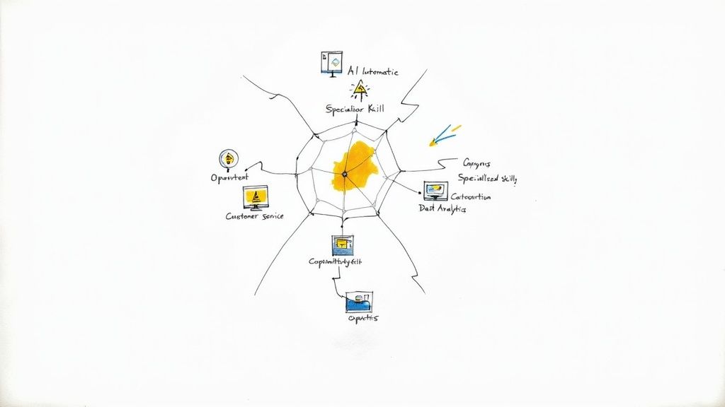 A hand-drawn spiderweb diagram illustrating various interconnected business skills and services, including AI, customer service, and data analytics.