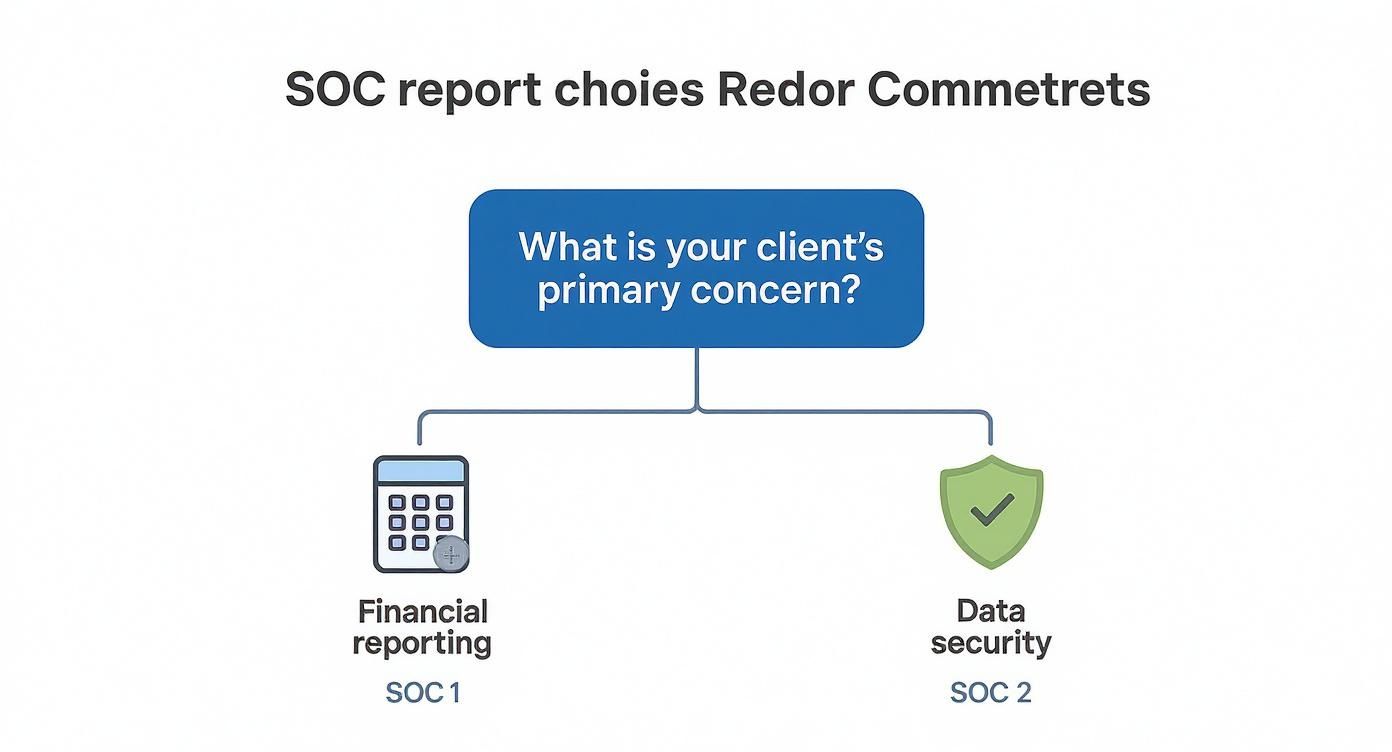 Diagram illustrating the decision between SOC 1 (financial reporting) and SOC 2 (data security) reports.