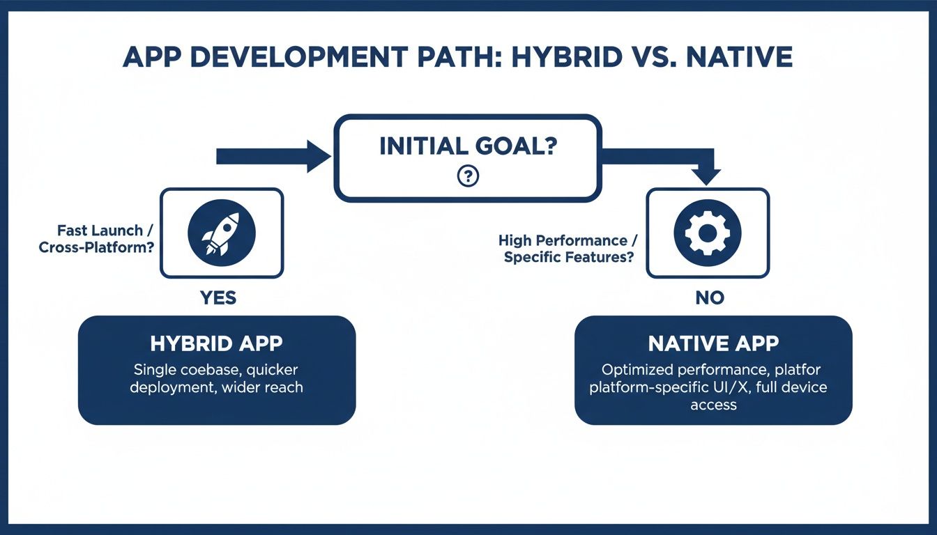Flowchart illustrating the app development path, comparing hybrid and native app choices based on project goals.