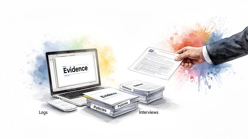 Digital and physical evidence collection: laptop, documents (Policies, Interviews), phone (Logs), and a hand presenting a report.