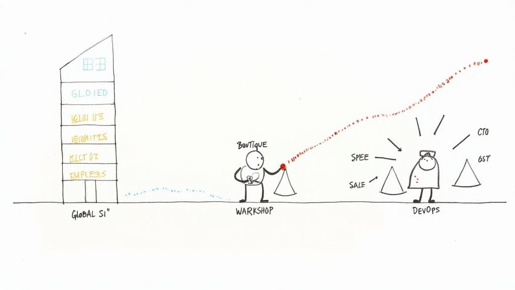 A diagram comparing Global SI with slow progress to DevOps, showing rapid business transformation and growth.