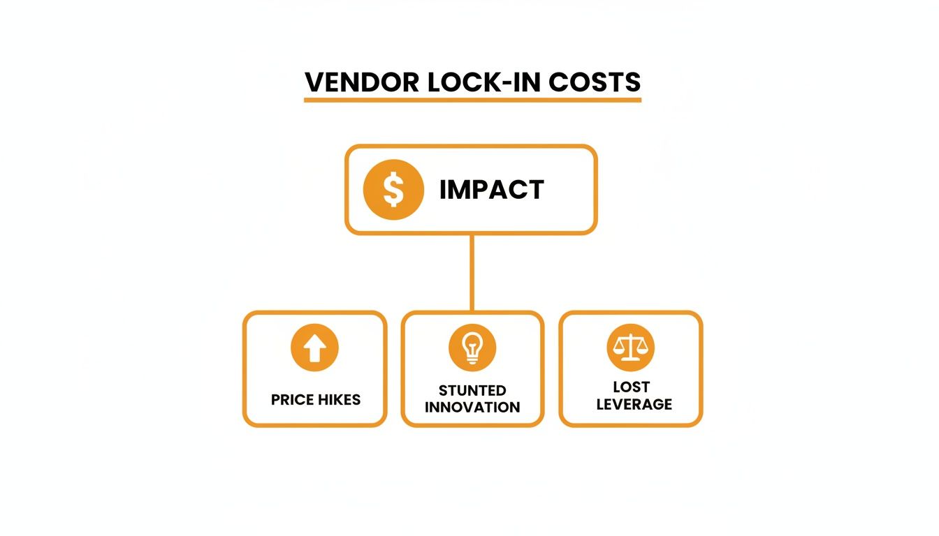 Diagram illustrating vendor lock-in costs and their impact on price hikes, stunted innovation, and lost leverage.