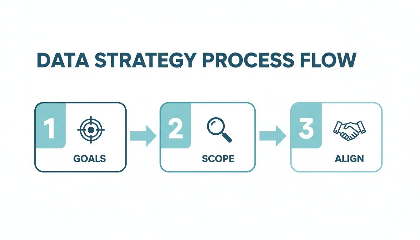Diagram illustrating a three-step data strategy process flow: Goals, Scope, and Align.