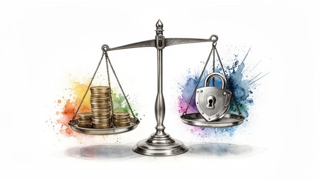 A scale balancing stacks of gold coins against a secure shield padlock with vibrant watercolor splashes.