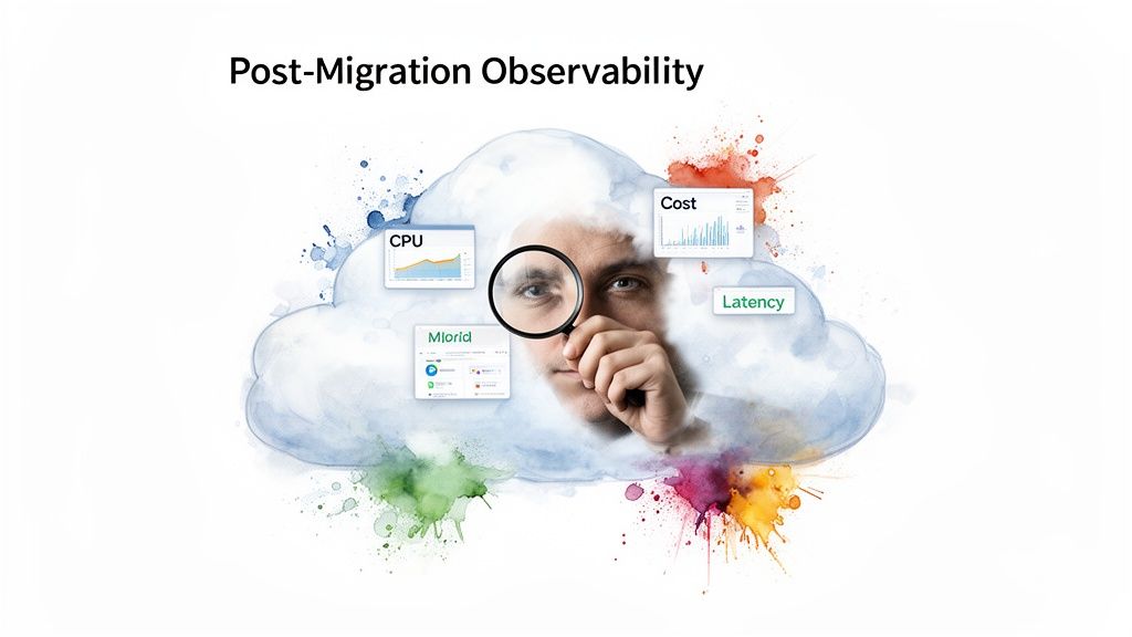 Man with a magnifying glass observing cloud performance metrics like CPU, cost, and latency.