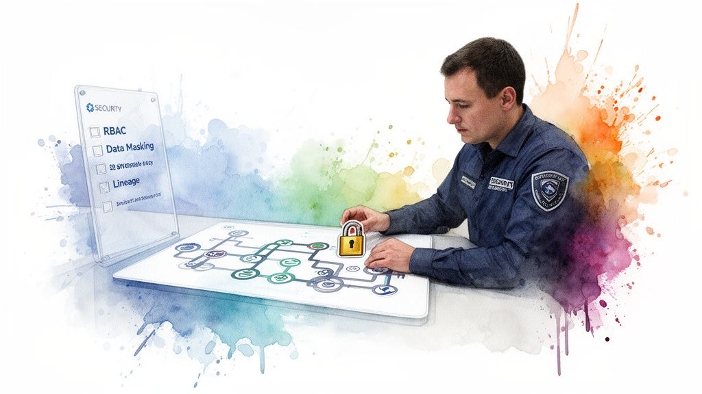 A man in a security uniform interacts with a digital security network diagram and a checklist.