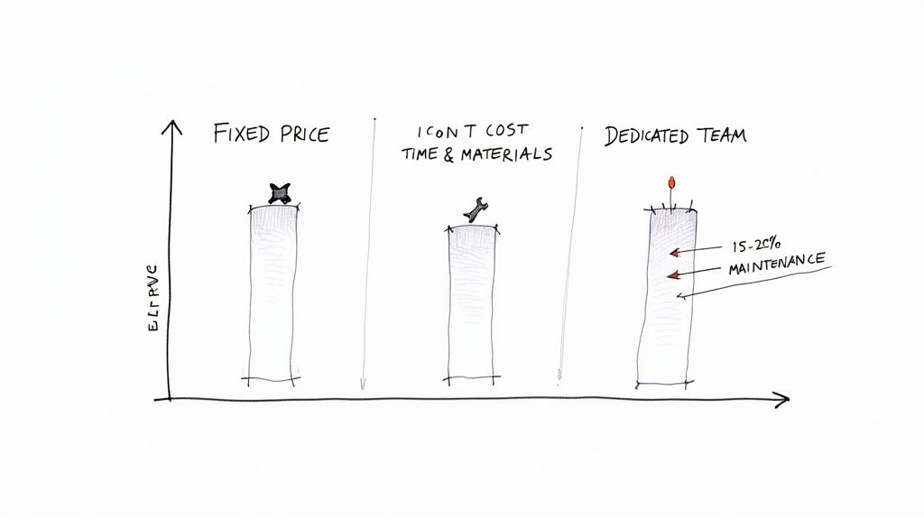 Bar chart comparing Fixed Price, Time & Materials, and Dedicated Team project cost models.