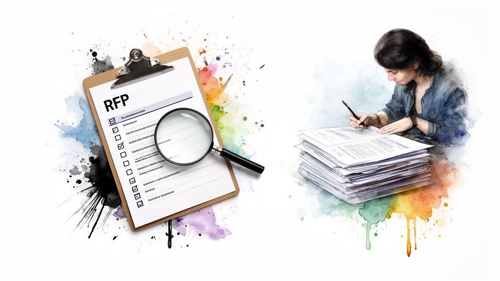 Watercolor illustration of an RFP document on a clipboard with a magnifying glass and a person writing on papers.
