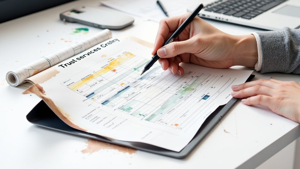 A person's hands are writing on a business document titled 'Trust services Criter' with a pen.