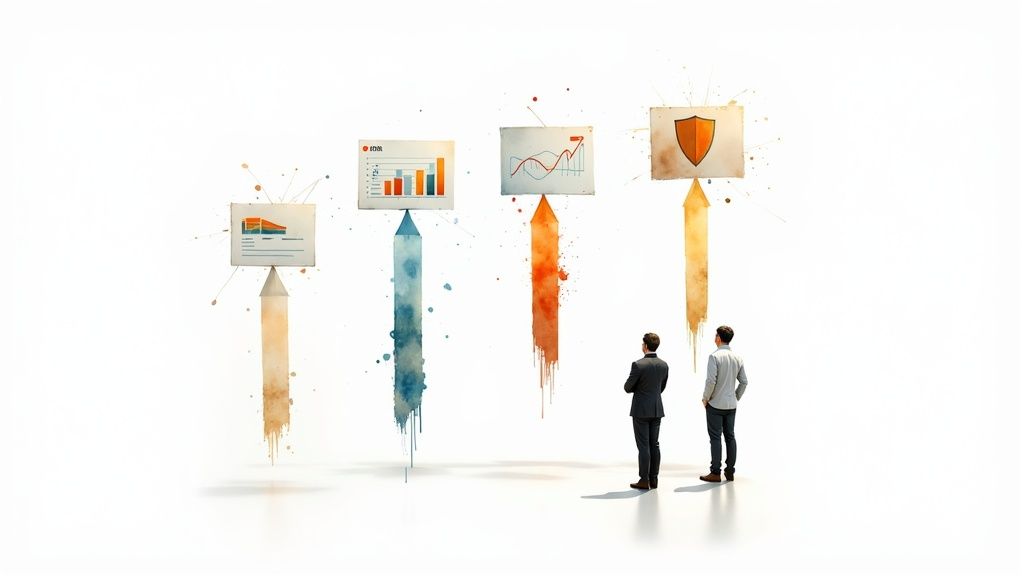 Two men observe four watercolor arrows with business charts, data visualizations, and a security shield.