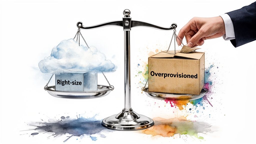 A hand removes paper from an "Overprovisioned" box on a scale, balancing "Right-size" cloud resources.