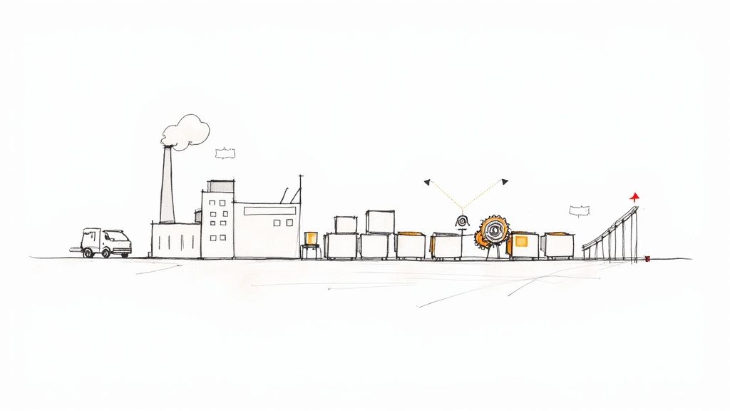 A hand-drawn sketch illustrating a supply chain from a factory to a goal flag, involving a truck, boxes, and gears.