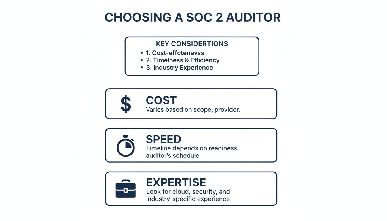 Guide on choosing a SOC 2 auditor based on key considerations like cost-effectiveness, speed, and industry expertise.