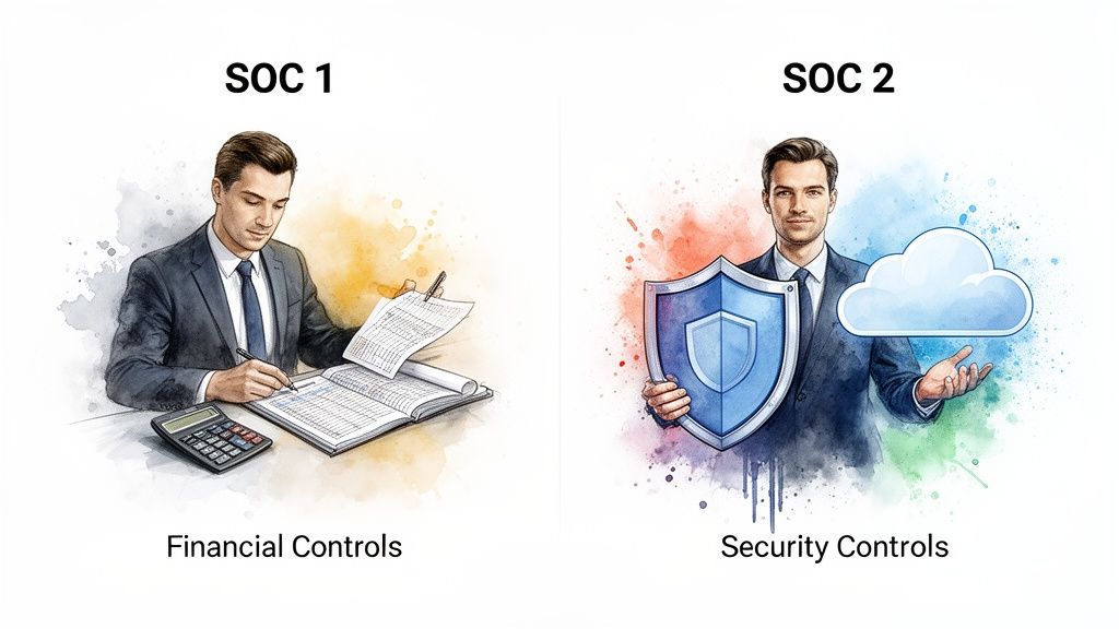 Illustration comparing SOC 1 for financial controls with SOC 2 for security and cloud controls.
