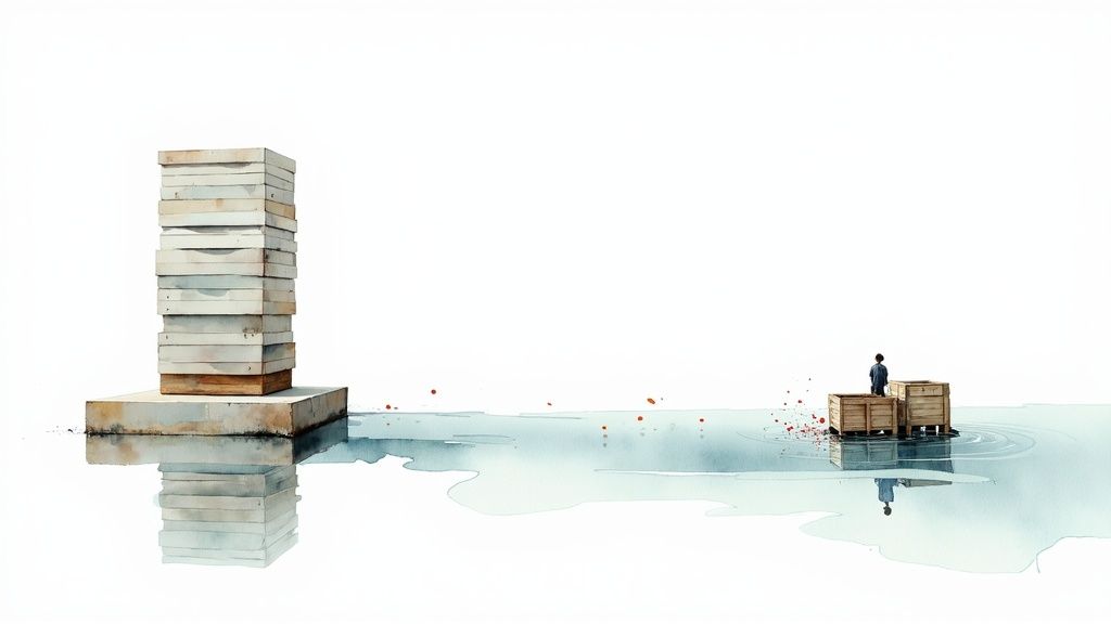 Minimalist watercolor: a tall stack of light blocks in water, opposite a small figure on floating wooden crates.