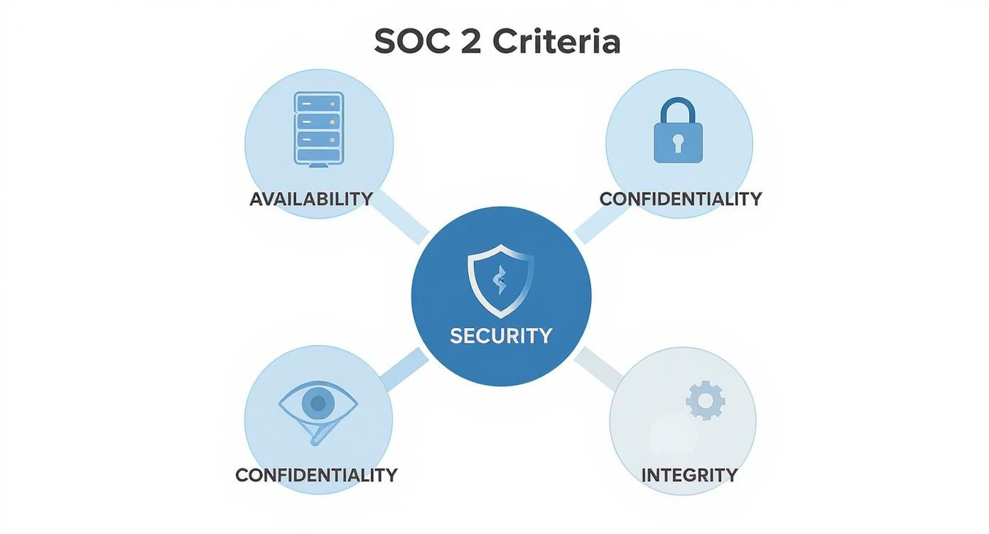 Infographic illustrating SOC 2 Trust Services Criteria: Security, Availability, Confidentiality, and Integrity.