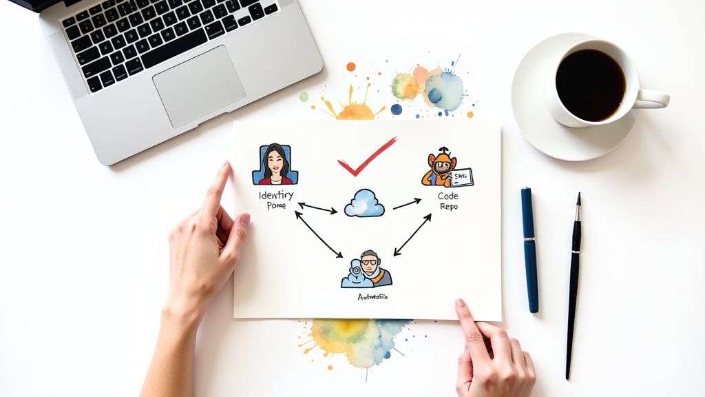 Flat lay showing hands pointing to a diagram of Identity, Code Repo, and Automation interacting via a cloud.