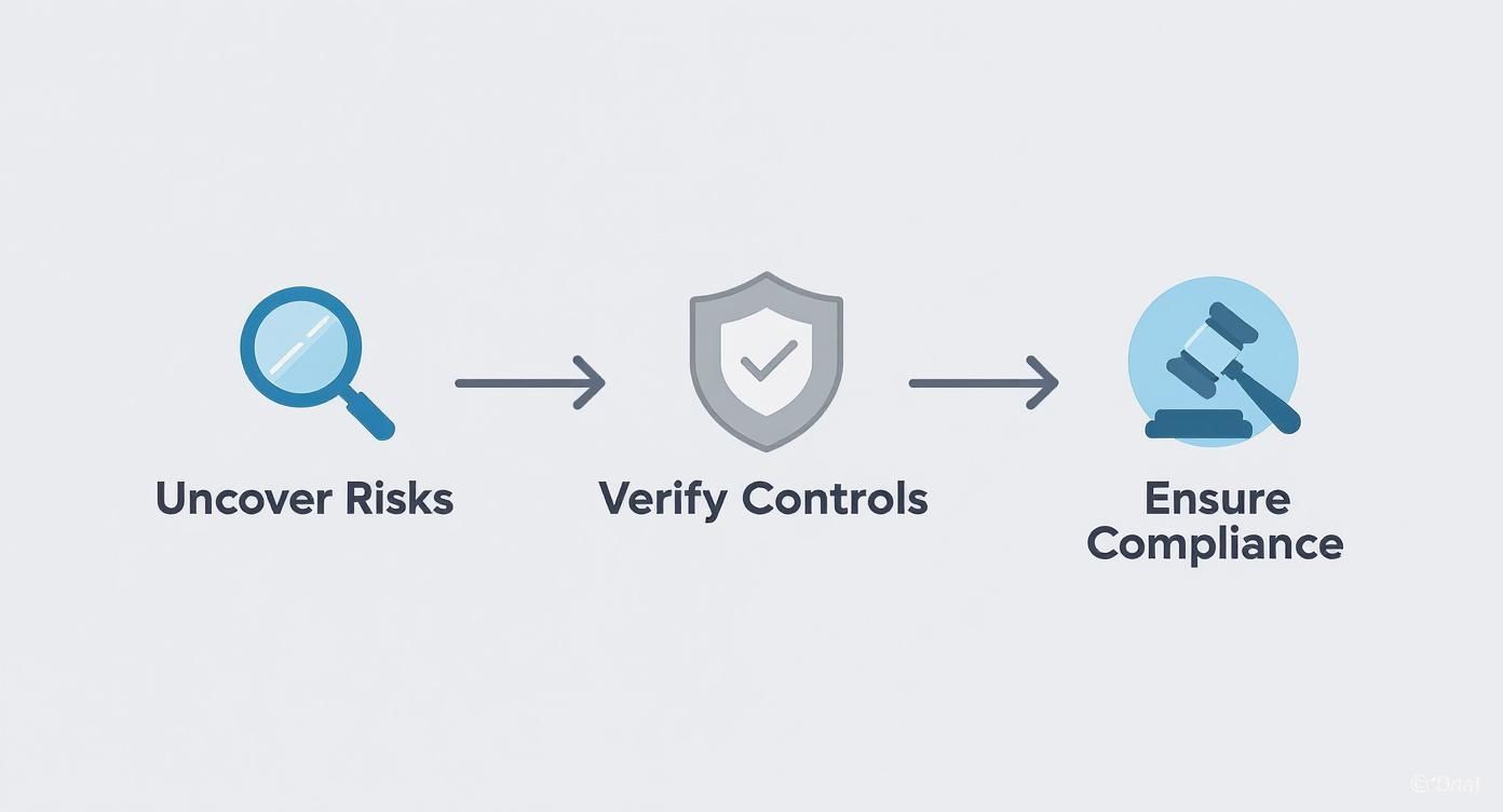A three-step diagram showing uncover risks, verify controls, and ensure compliance for a security audit.