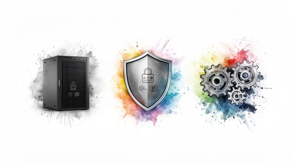 Digital illustration of a server, a security shield, and gears, symbolizing IT infrastructure, protection, and operational efficiency.