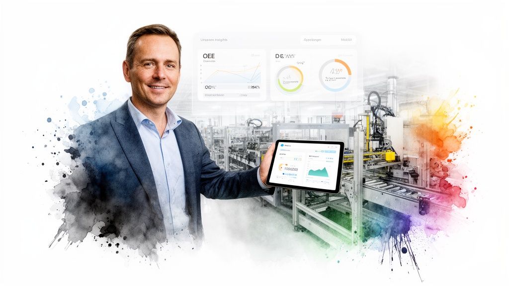 Smiling man in a suit holds a tablet with an analytics dashboard in a manufacturing facility.