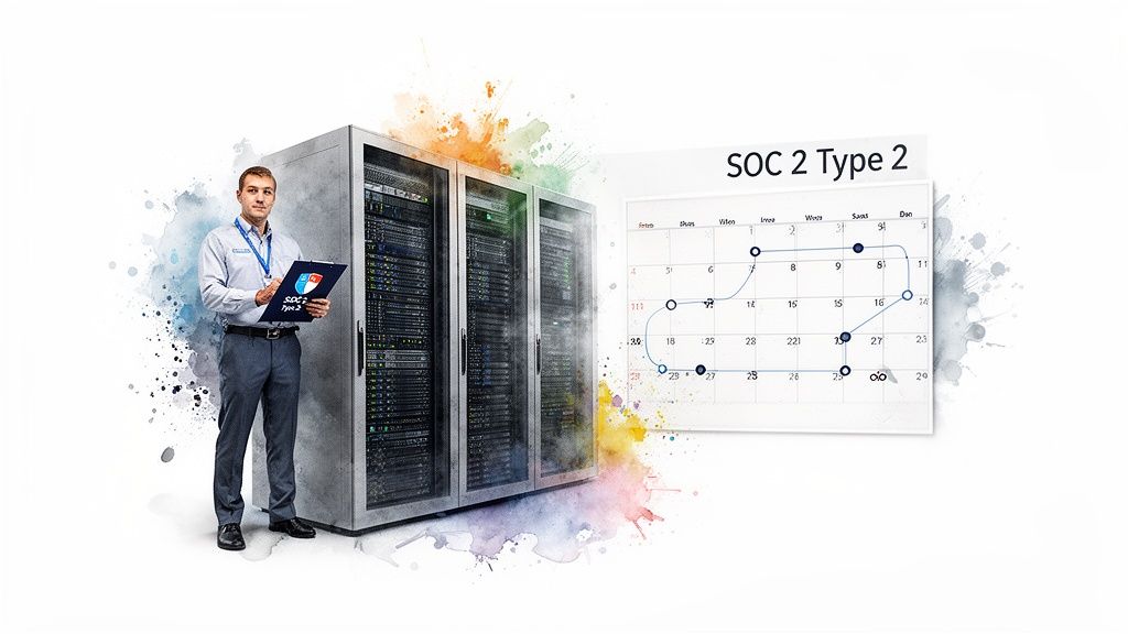 Man holding a SOC 2 Type 2 clipboard next to server racks and a compliance calendar.