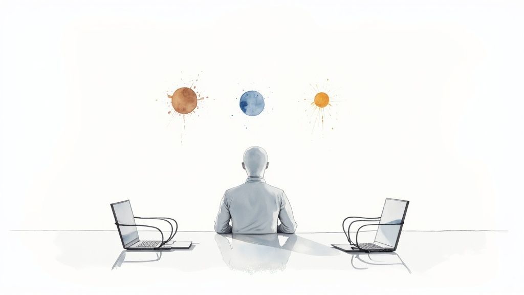 Person at desk with laptops facing three distinct colored options on a white wall.