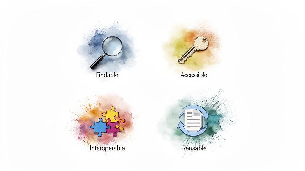 An illustration of the FAIR data principles: Findable, Accessible, Interoperable, and Reusable.