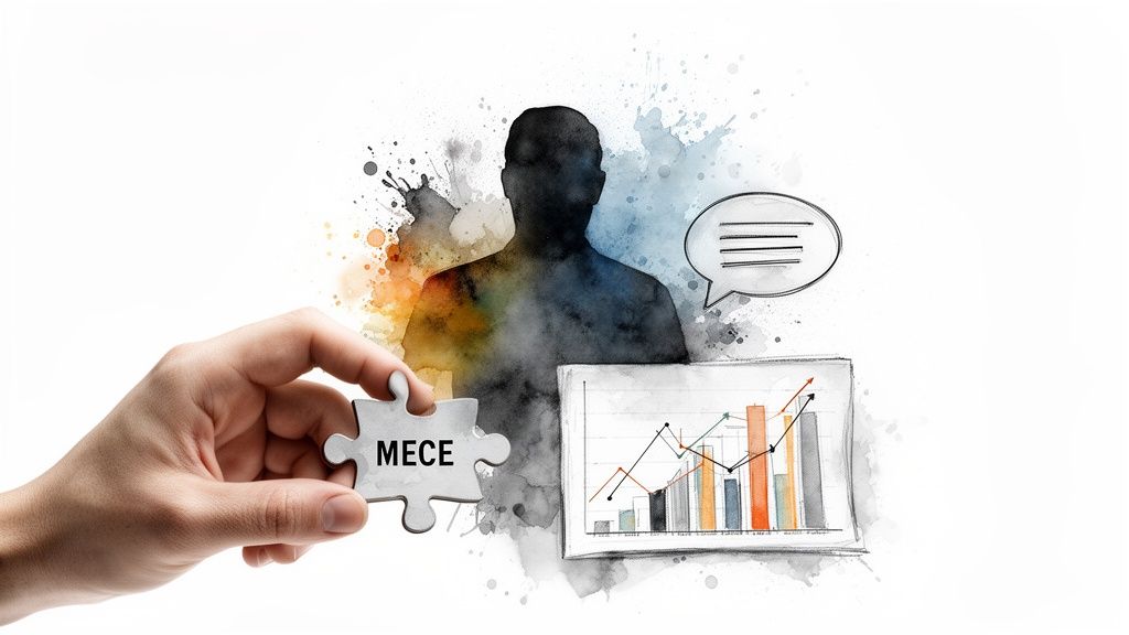 A consultant silhouette with a MECE puzzle piece, chart, and speech bubble, symbolizing strategic problem-solving.