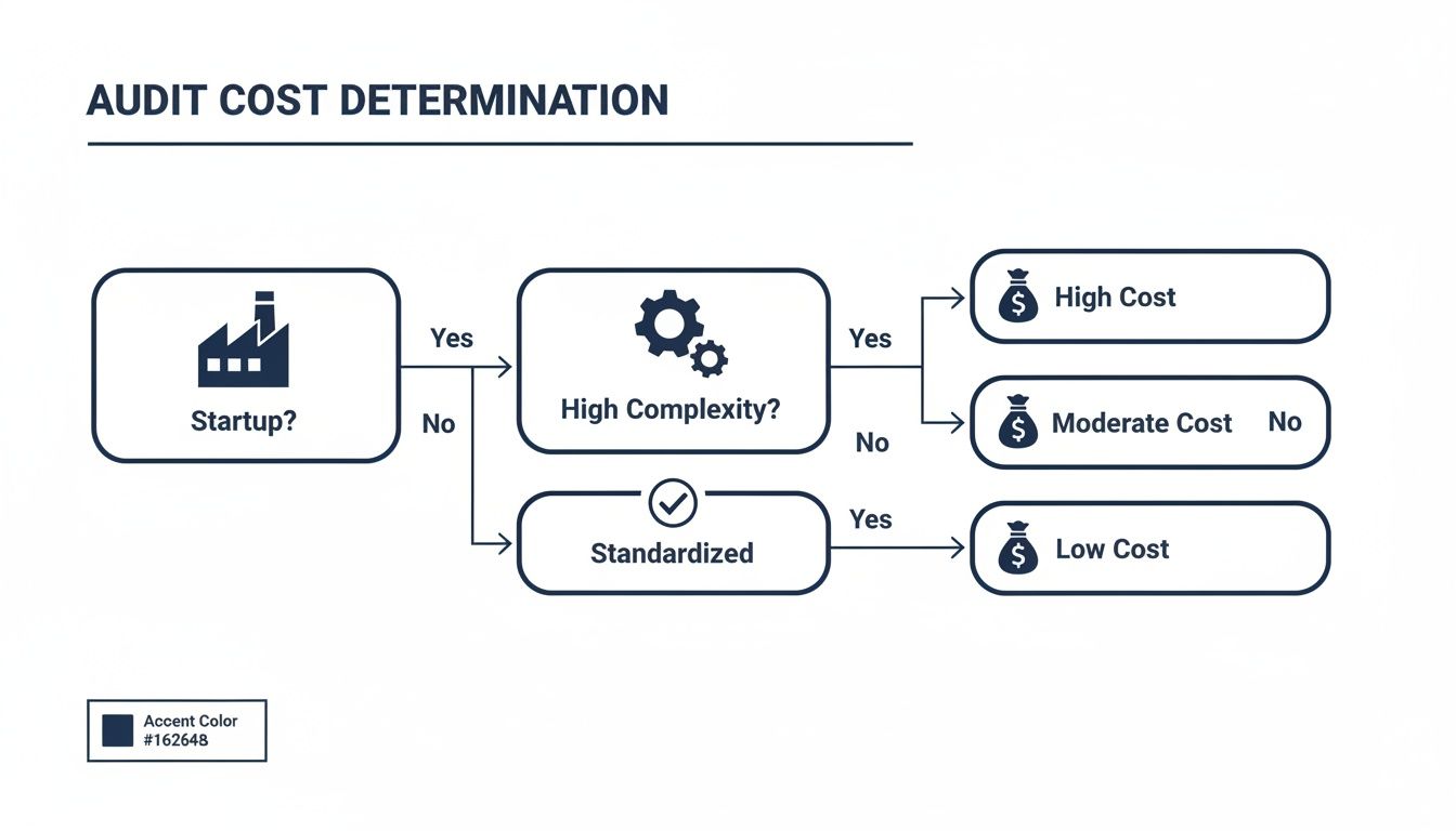 A flowchart titled 'Audit Cost Determination' showing decision paths based on startup status and complexity.