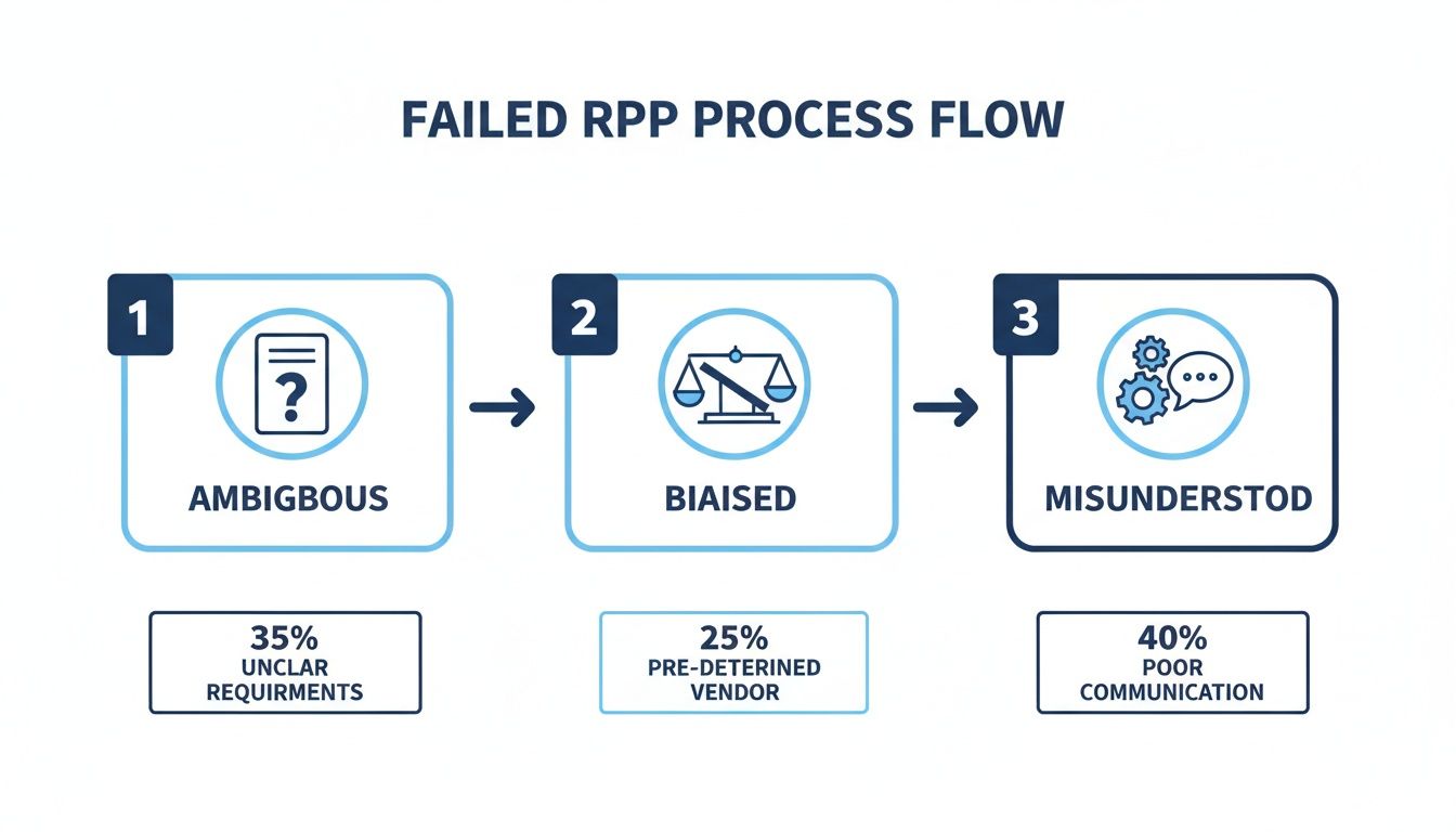 A flowchart detailing a failed RPP process flow, highlighting ambiguous requirements, biased vendor selection, and misunderstood communication.
