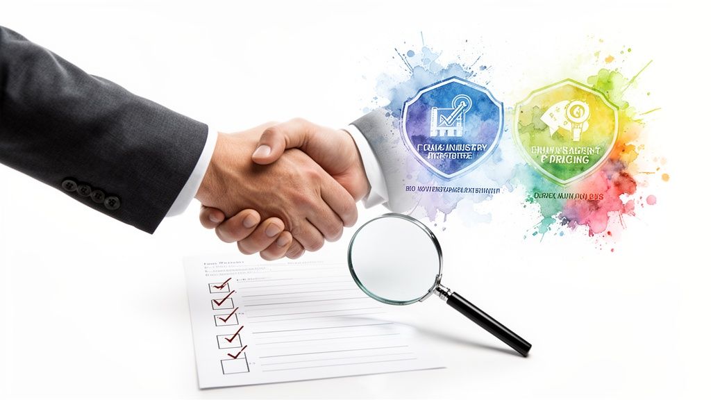 Business handshake over a checklist and magnifying glass, representing strategic agreement and analysis.