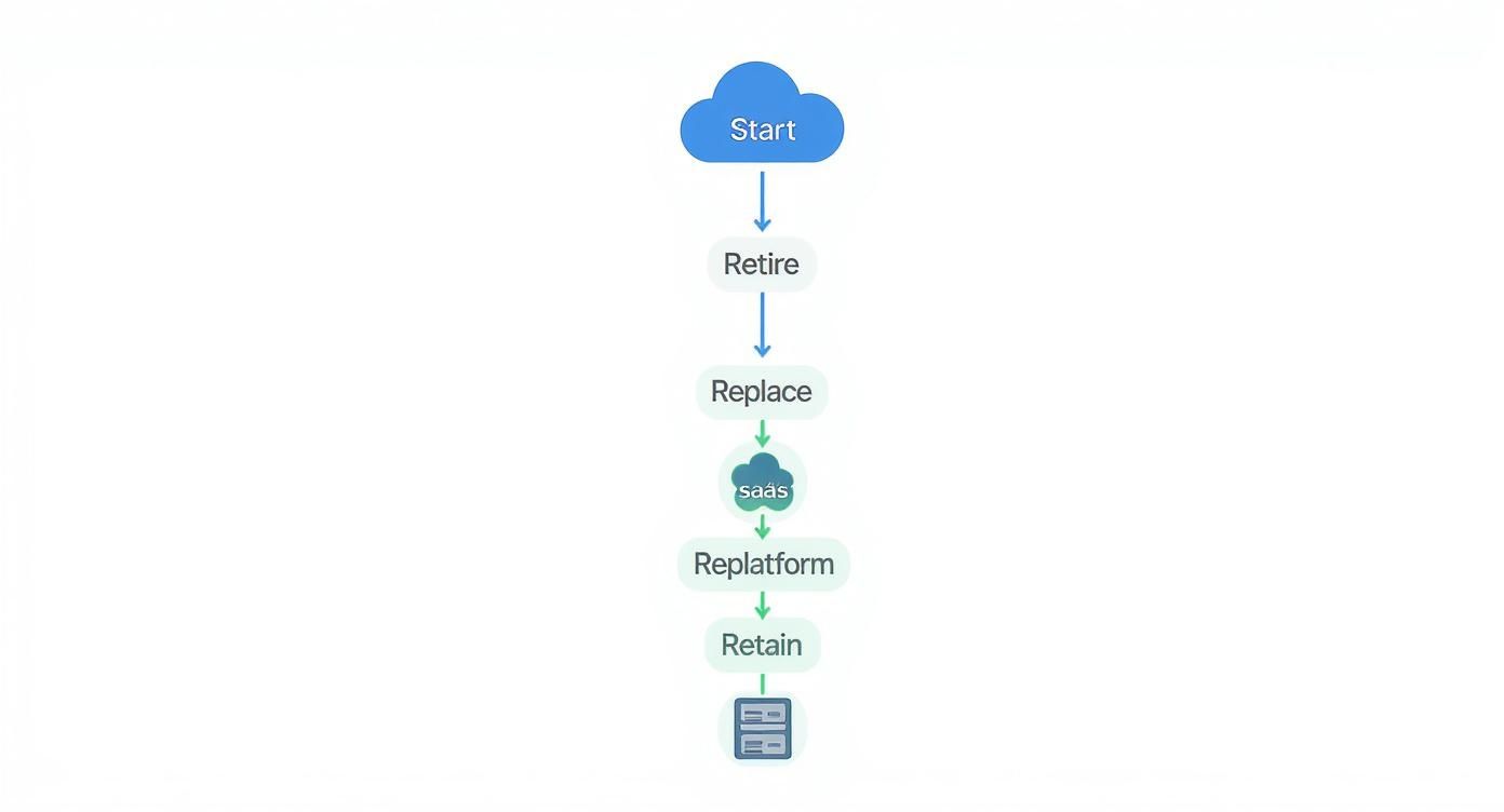 A vertical flowchart illustrating a cloud migration strategy with steps: Start, Retire, Replace, SaaS, Replatform, and Retain.