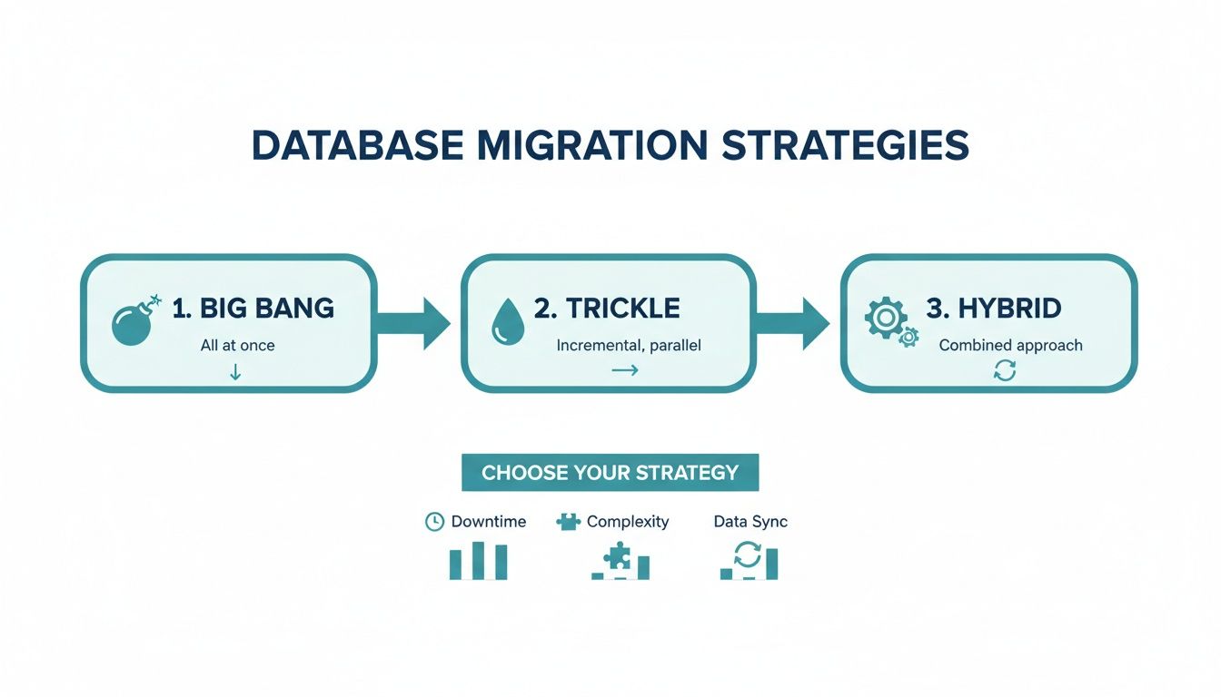 Diagram explaining database migration strategies: Big Bang, Trickle, Hybrid, and factors like downtime and complexity.