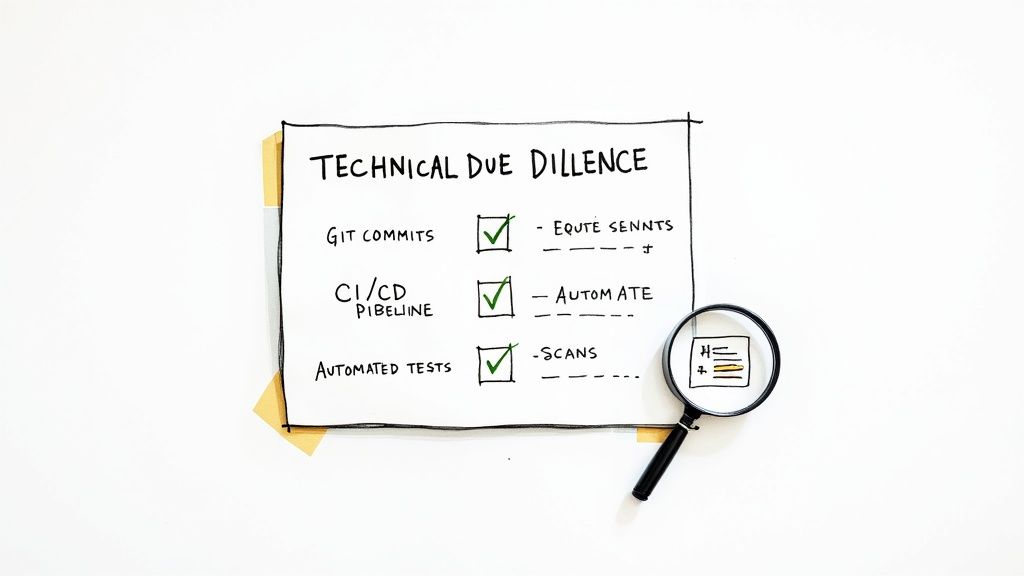 An illustration of a technical due diligence checklist with items like Git, CI/CD pipeline, and automated tests.