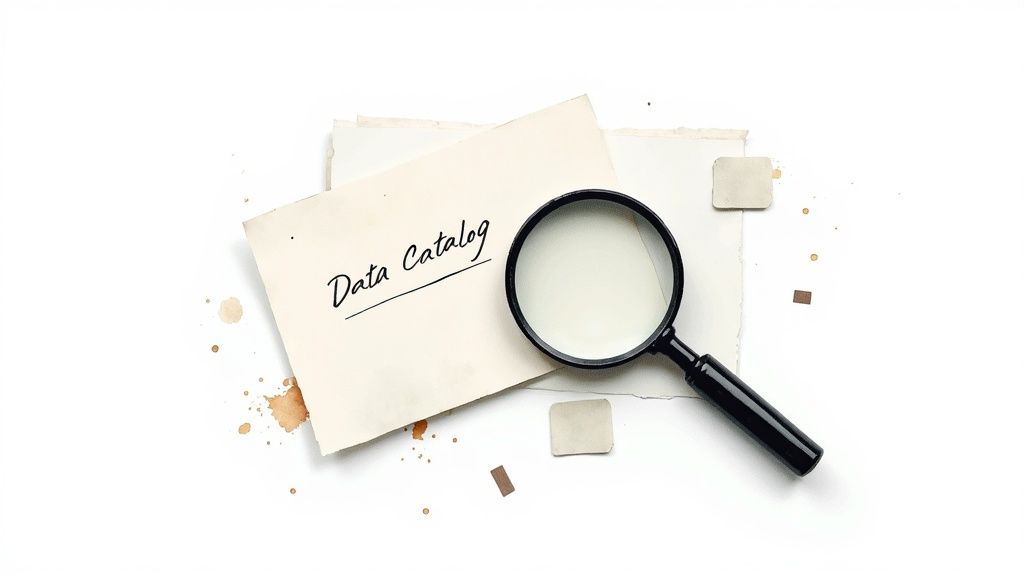 A magnifying glass rests on a paper with 'Data Catalog' written, surrounded by coffee stains.