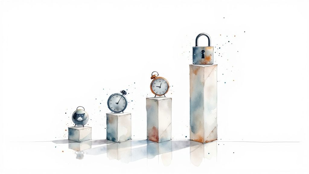 Watercolor illustration of alarm clocks on ascending pedestals leading to a security padlock.