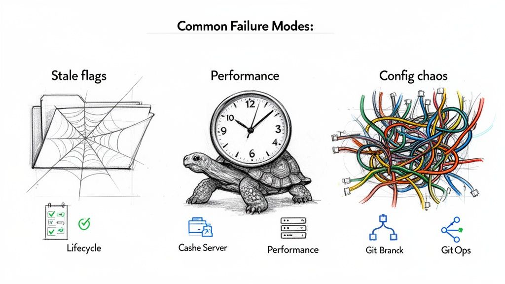Diagram illustrating common software failure modes: stale flags, performance issues, and configuration chaos.