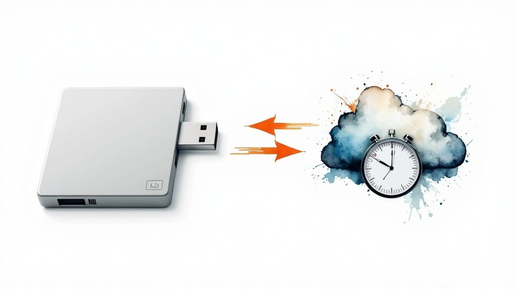 A sleek device with a USB connector points to a watercolor cloud containing a stopwatch, signifying fast cloud data migration.