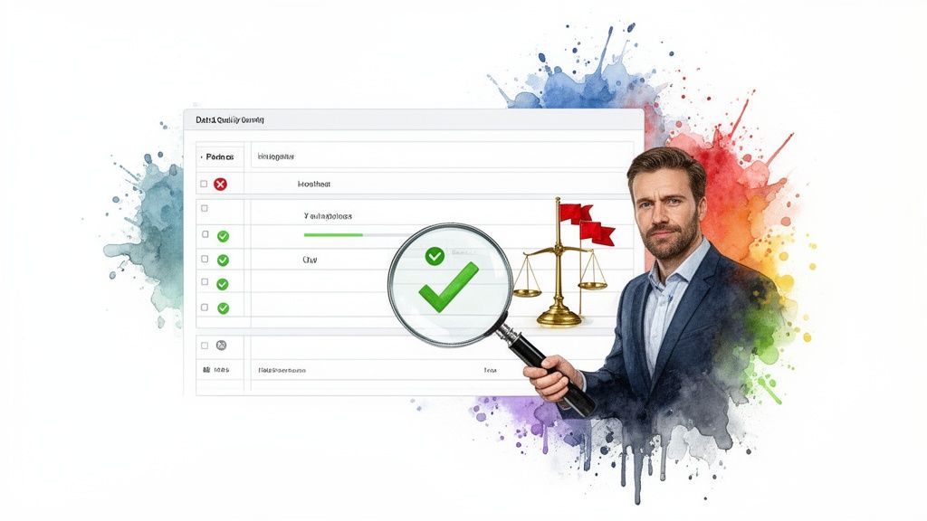 Man using a magnifying glass to verify data quality and compliance with checkmarks and a scale of justice.