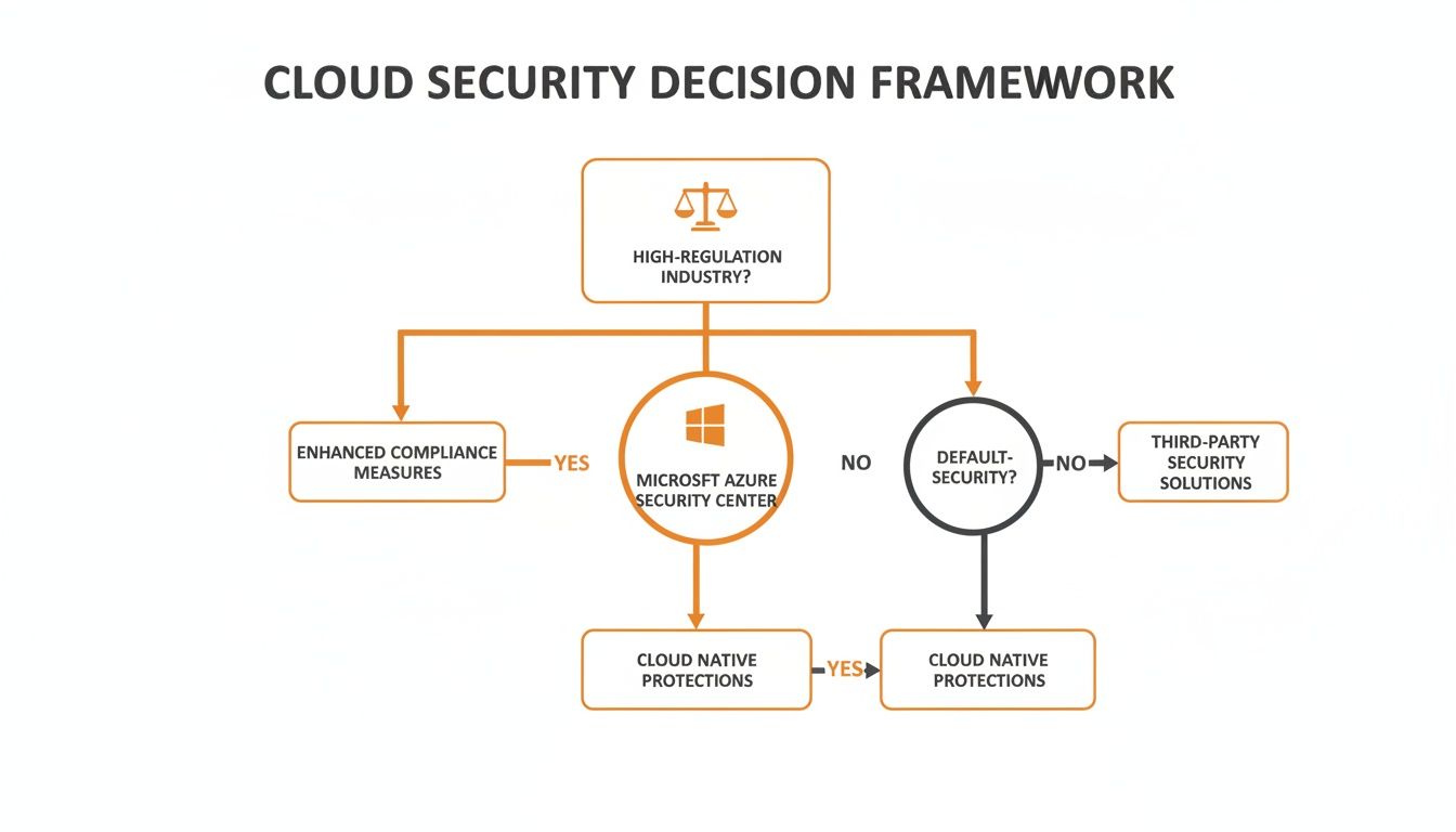 Cloud security decision framework flowchart showing paths for regulatory compliance, Azure, default security, and native protections.