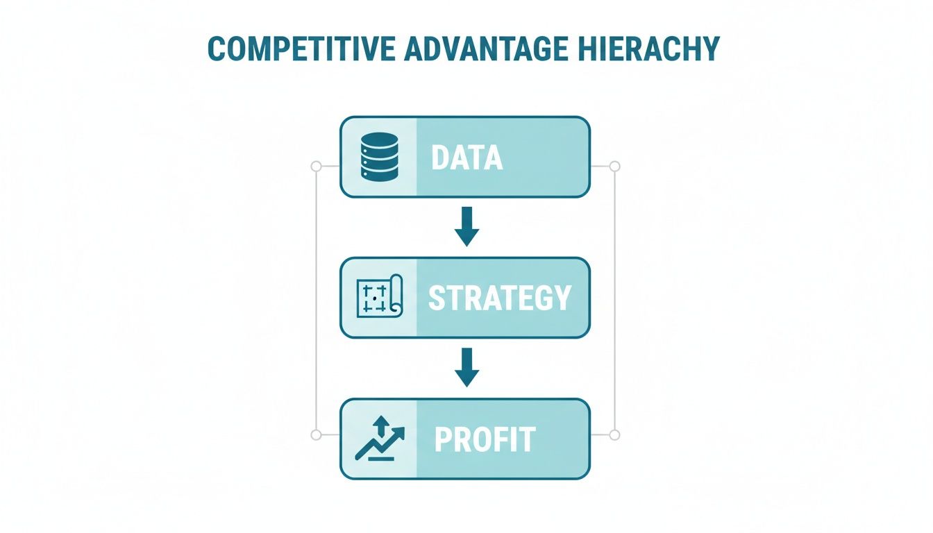 Competitive advantage hierarchy diagram showing data leading to strategy, then profit in a clear flow.