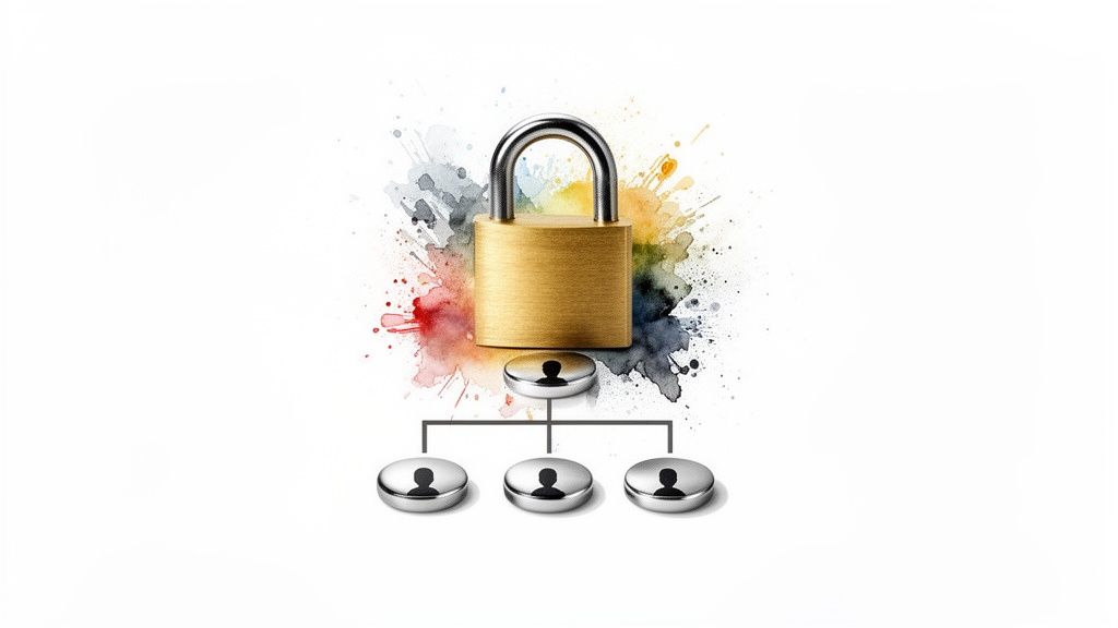 A padlock with a watercolor splash background, connected to a hierarchy of user icons, symbolizing data security and access control.