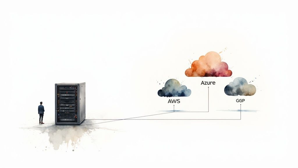 A person views a server rack connected by lines to watercolor clouds labeled AWS, Azure, and GGP.