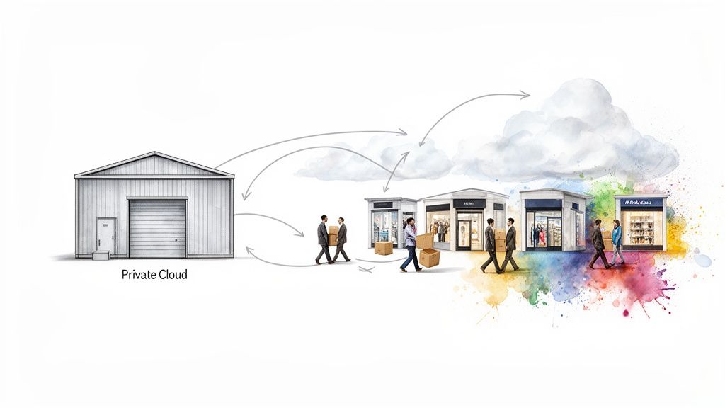 Illustration of a private cloud warehouse distributing goods to multiple stores via a public cloud.