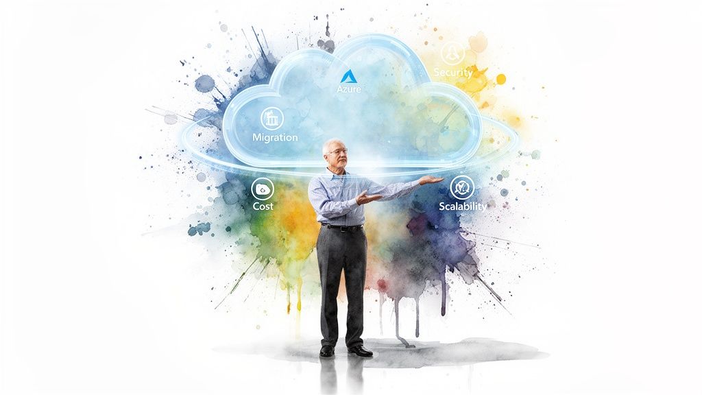 An older man gestures to a glowing Azure cloud with icons for migration, security, cost, and scalability.