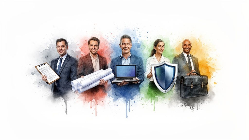 Diverse business professionals holding a clipboard, blueprints,laptop, shield, and briefcase, with colorful watercolor backgrounds.