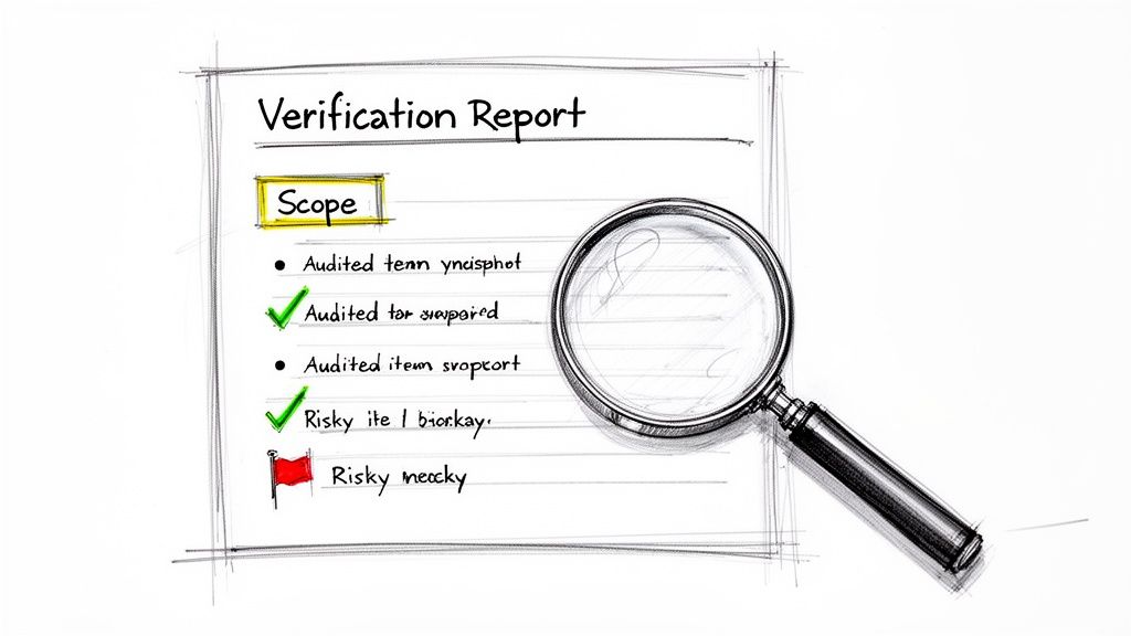 Hand-drawn verification report with scope, audited items, risky items, and a magnifying glass.