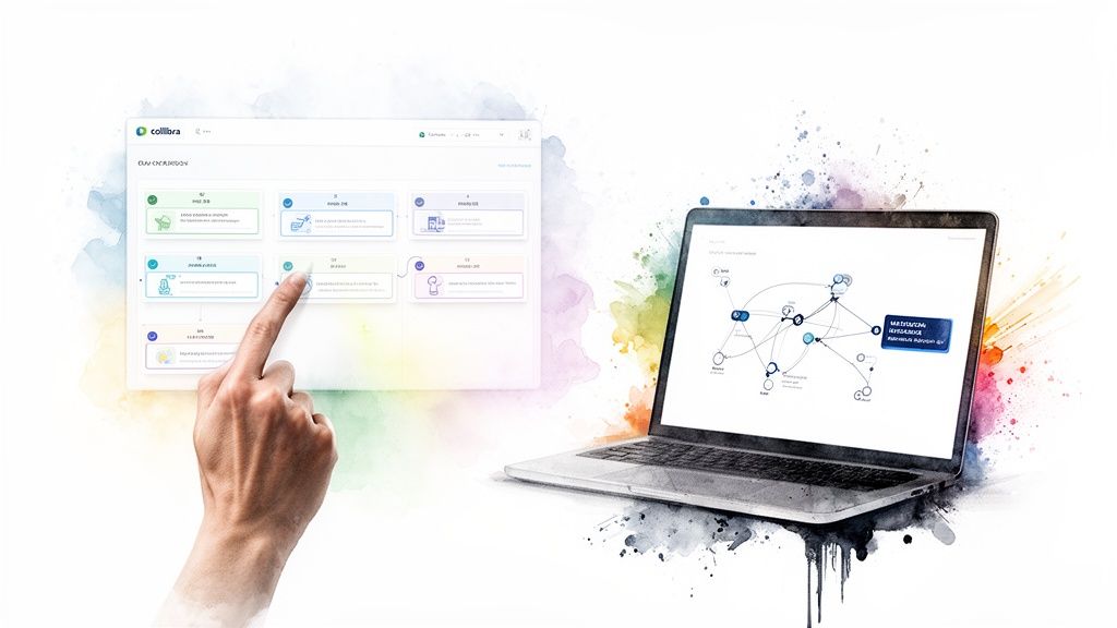 Hand interacting with a Collibra data governance framework on a screen, with a data flow on a laptop.