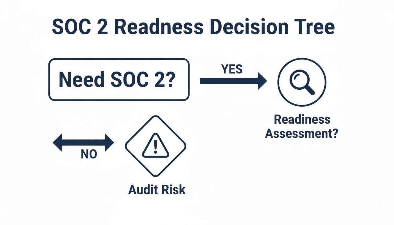 A decision tree flowchart illustrating the SOC 2 readiness process, from needing SOC 2 to assessment or audit risk.