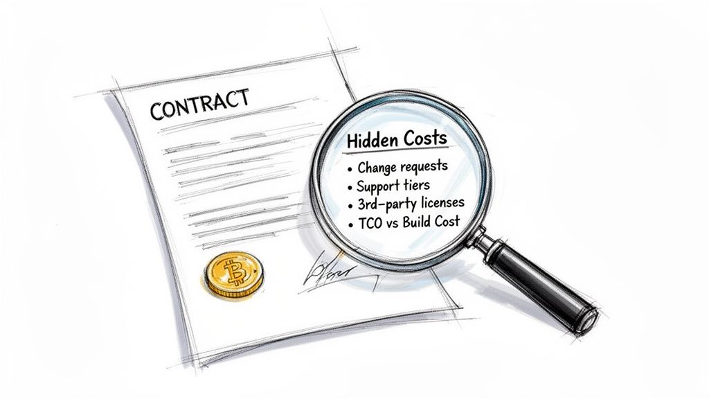 A magnifying glass highlights hidden costs on a contract document, beside a Bitcoin coin.